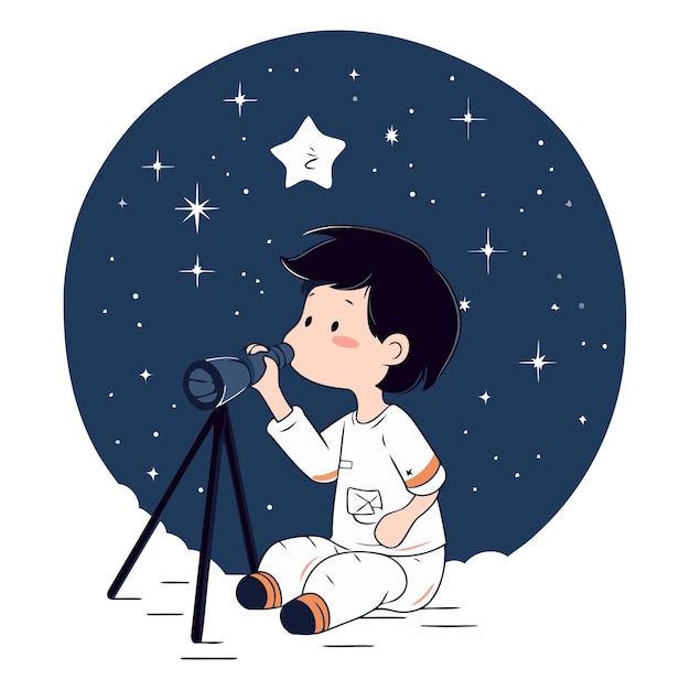 Vector leuke jongen die door de telescoop kijkt op een sterrenrijke nacht.