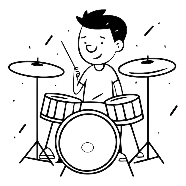 Leuke jongen die drums speelt in cartoon stijl.