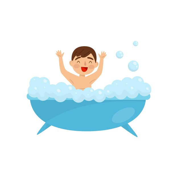 Leuke jongen die een bad neemt in een bubbelbad. Kinderen activiteiten dagelijkse routine vector Illustratie geïsoleerd op een witte achtergrond