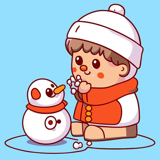 Vector leuke jongen die een sneeuwman bouwt met de hand getekende platte stijlvolle cartoon sticker icoon concept geïsoleerd