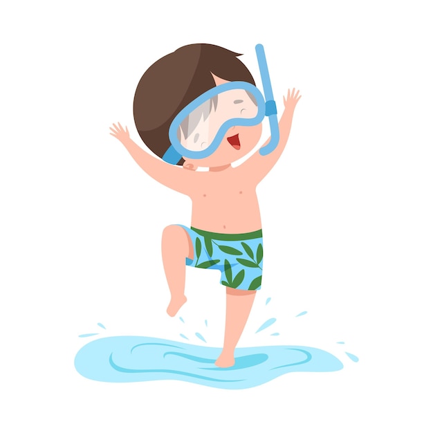 Leuke jongen die in een duikmasker in het water springt Kinderen Zomeractiviteiten Aardig kind dat plezier heeft op het strand tijdens de vakantie Cartoon Vector Illustratie
