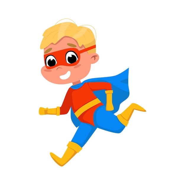 Leuke jongen die loopt met een superheldkostuum en een cape Aardige glimlachende jongen Superheld Karakter Cartoon Style Vector Illustratie