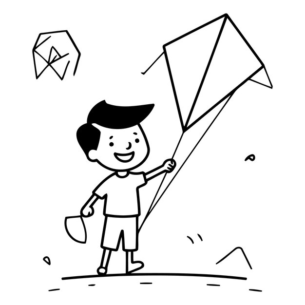 Vector leuke jongen die met een vlieger speelt in doodle-stijl.