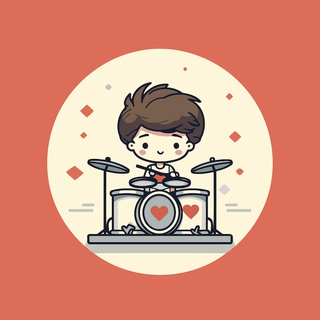 Leuke jongen die op de drums speelt Vector illustratie in cartoon stijl