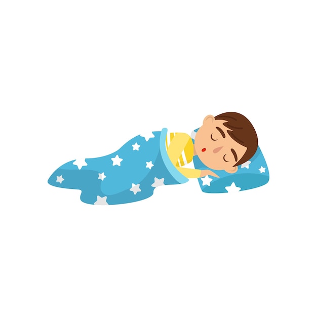 Leuke jongen die op zijn bed slaapt kinderen activiteiten dagelijkse routine vector illustratie geïsoleerd op een witte achtergrond