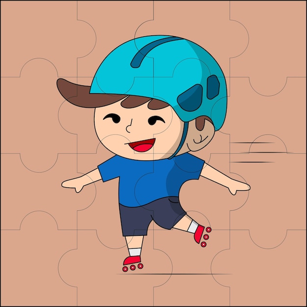 Leuke jongen die rolschaatsen speelt die geschikt zijn voor kinderpuzzel vectorillustratie