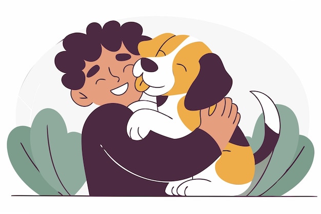 Leuke jongen die zijn hond knuffelt huisdier vector illustratie liefhebbende huisdier eigenaar hond liefhebber