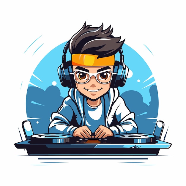 Leuke jongen dj die muziek speelt op een draaitafel vector illustratie