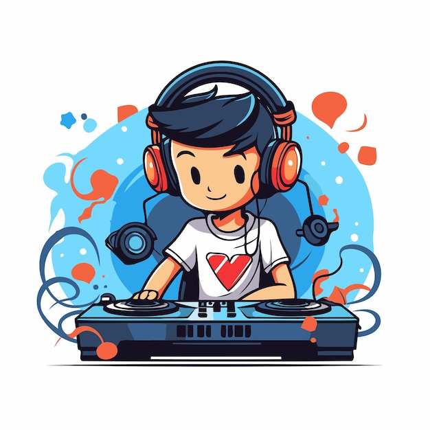 Leuke jongen DJ die muziek speelt op een draaitafel Vector illustratie