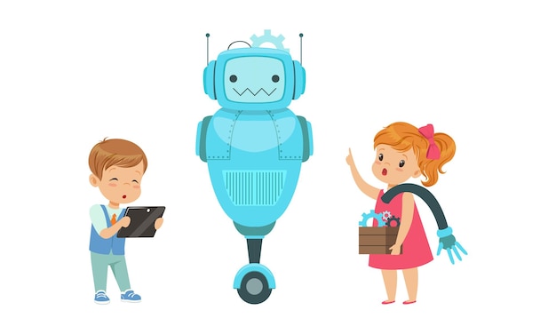 Leuke jongen en meisje creëren robot model set kinderen bouwen robot met computerapparatuur programmeren hobby of toekomstig beroep concept cartoon vector illustratie