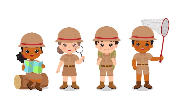 Leuke jongen en meisje in scout uniformen zomerkamp illustraties set flat vector cartoon design