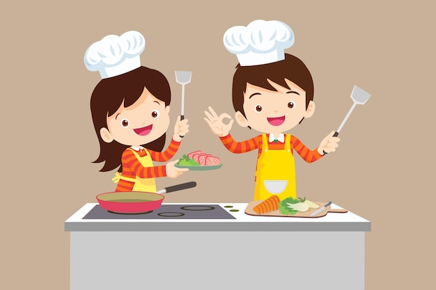 Leuke jongen en meisje koken in de keuken gelukkige kleine chef-kok kinderen