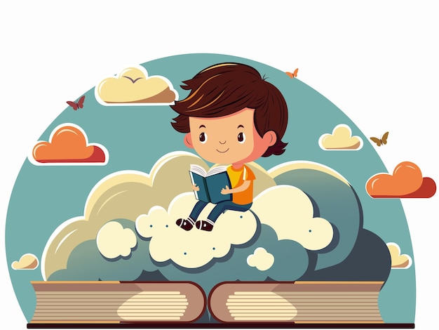 Leuke jongen karakter leesboek op wolken achtergrond met vlinders