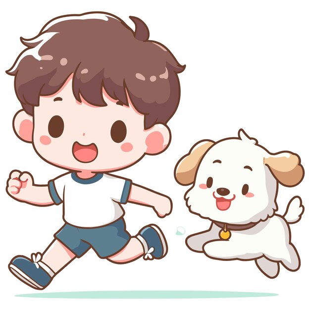 Leuke jongen loopt met hond illustratie witte achtergrond