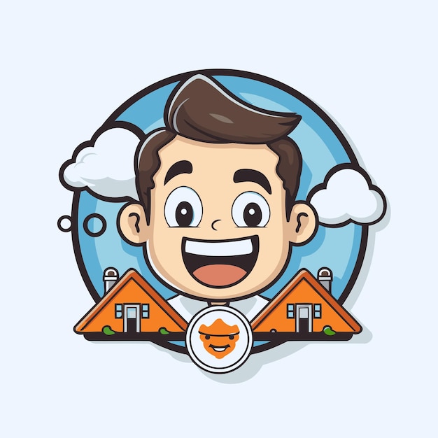 Leuke jongen met huis en wolken vector illustratie Plat ontwerp