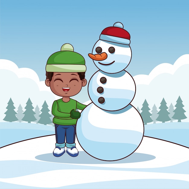 Vector leuke jongen met sneeuwman winter cartoon