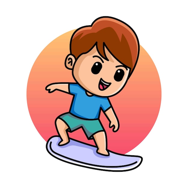 Leuke jongen met surfplank cartoon afbeelding