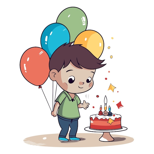 Leuke jongen met verjaardagstaart en ballonnen cartoon vector illustratie grafisch ontwerp