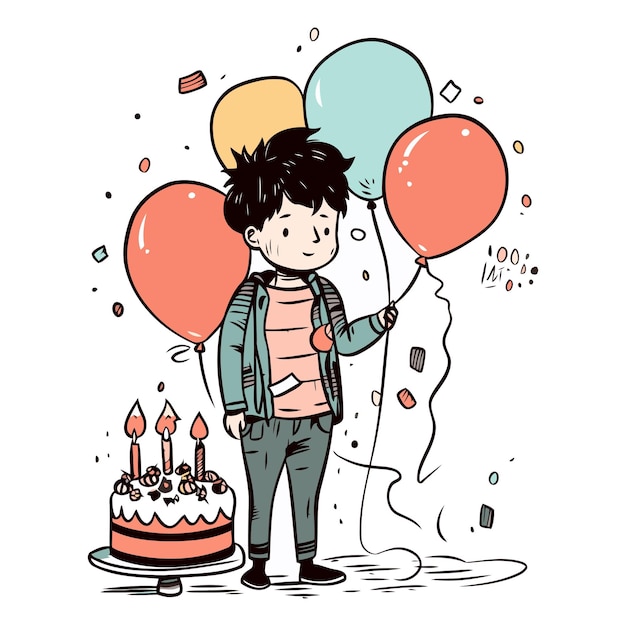 Vector leuke jongen met verjaardagstaart en ballonnen met de hand getekende vectorillustratie