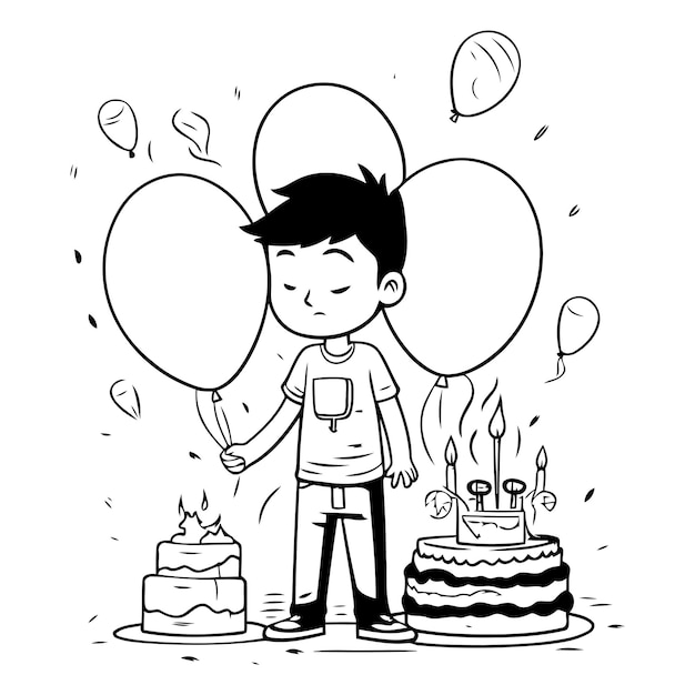 Leuke jongen met verjaardagstaart en ballonnen Vector cartoon illustratie