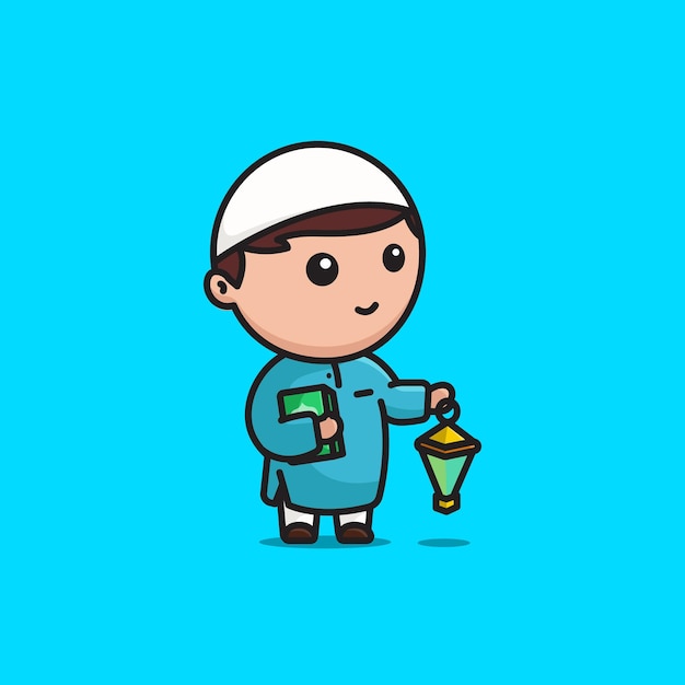 Leuke jongen moslim brengen al koran en lentera lamp cartoon illustratie mensen religie vector