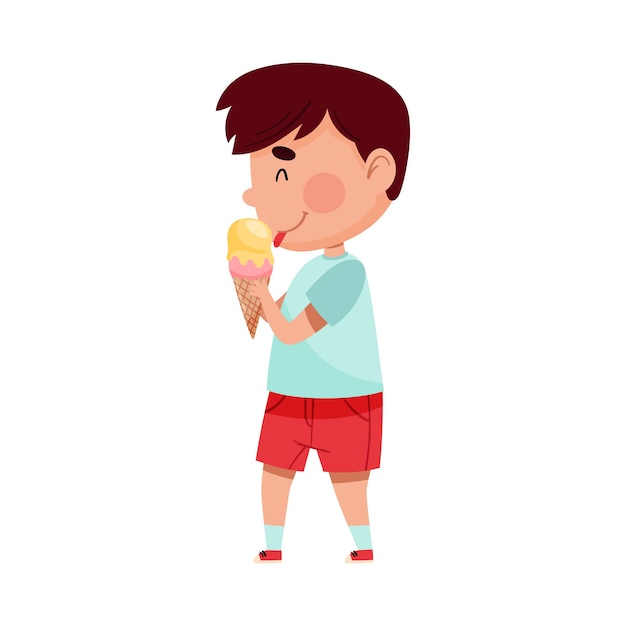 Leuke jongen personage likken ijs in Waffle Cone Vector Illustratie