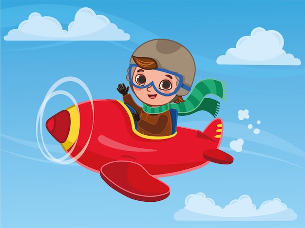 Leuke jongen piloot vliegt op een rood vliegtuig cartoon vectorillustratie