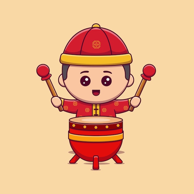 leuke jongen viert chinees nieuwjaar met chinese drum