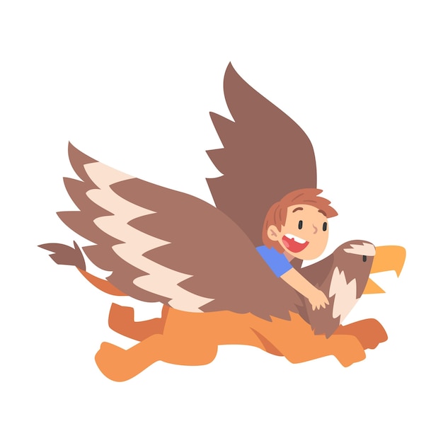 Leuke jongen vliegt op griffin kinderen verbeelding concept sprookjes verhalen ontdekkingen cartoon stijl