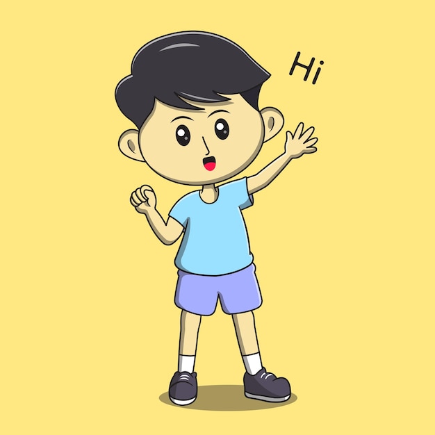 Leuke jongen zwaaiende hand cartoon afbeelding