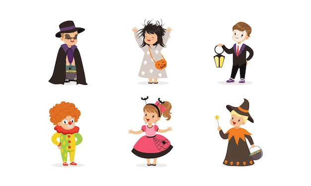 Leuke jongens en meisjes in halloween kostuums collectie kinderen die de feestdagen vieren gekleed als heks