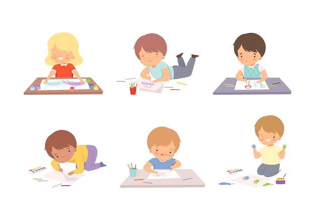 Leuke jongens en meisjes zitten op de vloer en schilderen met kleurpotloden en vingerafdrukken set Kinderen creativiteit onderwijs en ontwikkeling cartoon vector illustratie