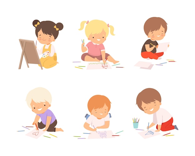 Leuke jongens en meisjes zitten te schilderen tekeningen set Kinderen creativiteit onderwijs en ontwikkeling cartoon vector illustratie