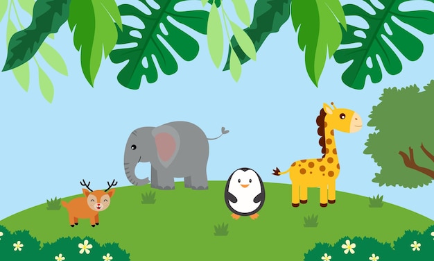 Leuke jungledieren in tekenfilmstijl, wilde dieren, dierentuinontwerpen voor achtergrondillustratie