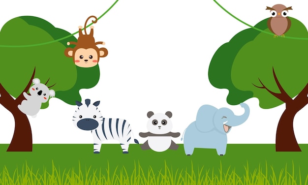 Leuke jungledieren in tekenfilmstijl, wilde dieren, dierentuinontwerpen voor achtergrondillustratie