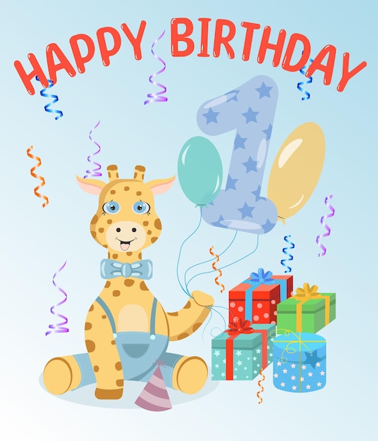 Leuke kaart gelukkige verjaardag met een giraf voor een jongen van 1 jaar