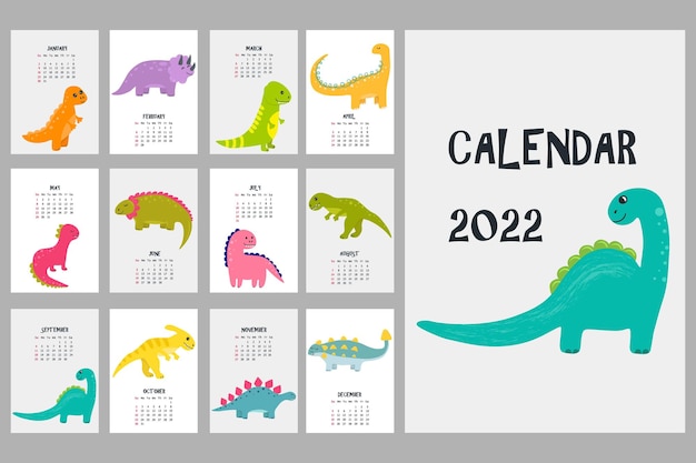 Leuke kalender met kleurrijke dinosaurussen 2022 kalender met schattige dinosaurus handgetekende dieren verticale muurkalender