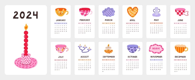 Vector leuke kalendersjabloon voor 2024 jaar met creatieve illustraties met handgemaakt aardewerk kalenderraster met weken begint op maandag voor kinderkamer verticale maandelijkse kalenderindeling voor planning