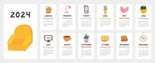Vector leuke kalendersjabloon voor het jaar 2024 met gezellige scandinavische illustraties kalenderraster met weken begint op maandag voor het hoofdkantoor van de kinderkamer verticale maandelijkse kalenderindeling voor planning