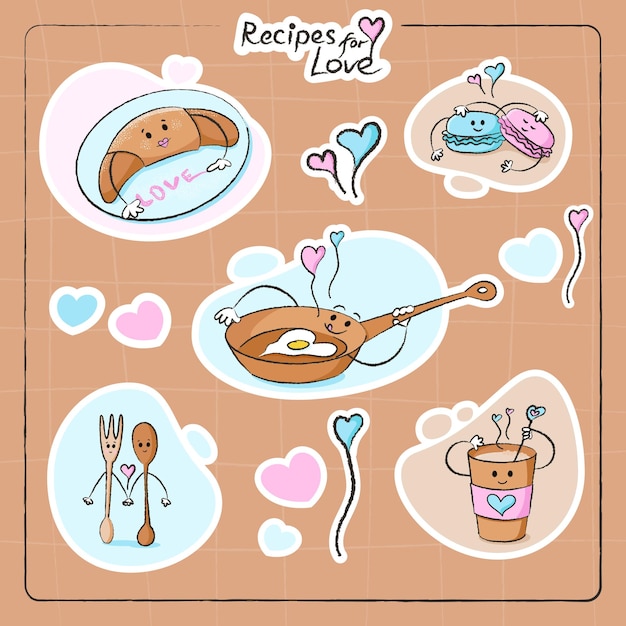 Vector leuke karakters stickers set van croissant macaron koekenpan koffiekopje en meer voor valentijnsdag