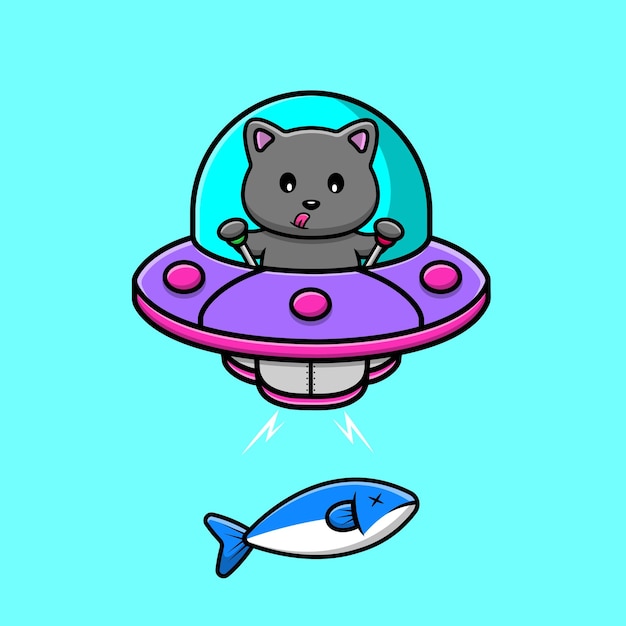 Leuke kat die vis met Ufo Cartoon vectorpictogramillustratie vangt