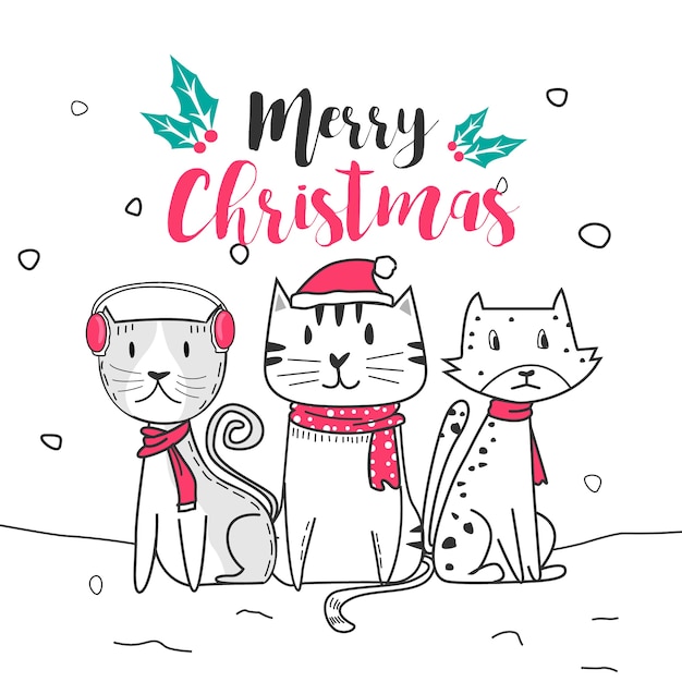Leuke kat en vrolijke kerstmis met doodle cartoon stijl