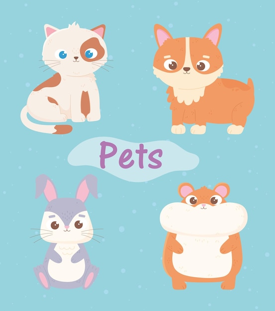 Vector leuke kat hond hamster en konijn huisdieren tekenfilm dieren