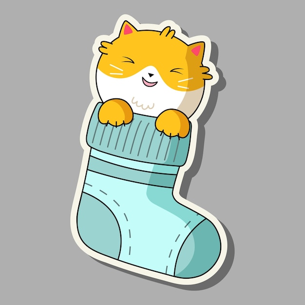 Leuke kat in kawaiistijl Cartoon sticker kat in een sok Vector illustratie kat