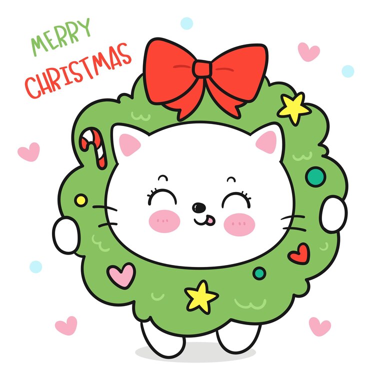 Vector leuke kat in kerstkrans cartoon kawaii kitten gelukkig nieuwjaar kaart winter dier