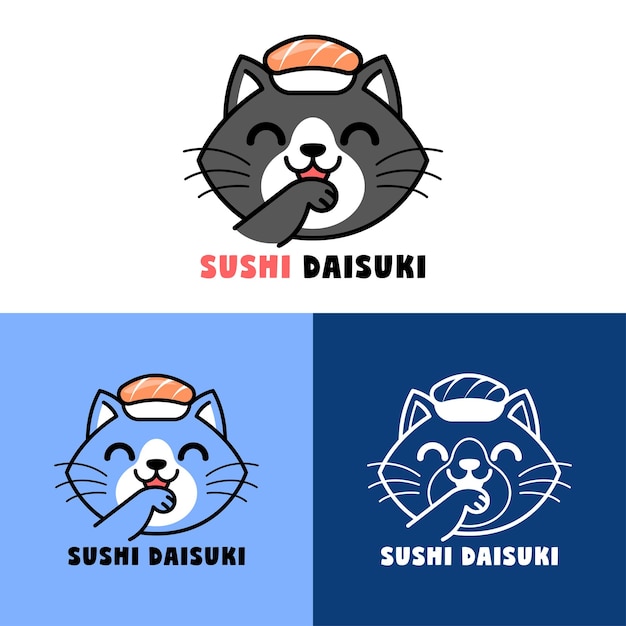 Leuke kat met een sushi op zijn hoofd cartoon logo reeks