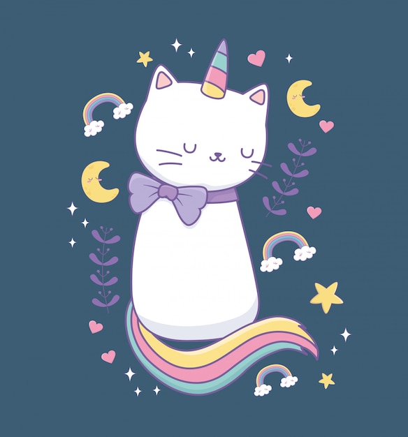 Leuke kat met kawaiikarakter van de regenboogstaart