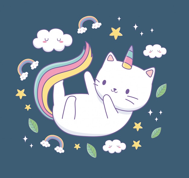 Vector leuke kat met kawaiikarakter van de regenboogstaart