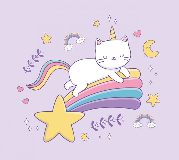 Leuke kat met kawaiikarakter van de regenboogstaart