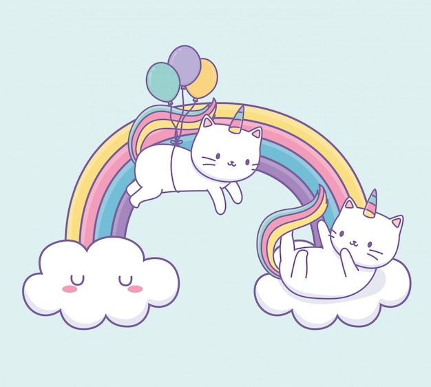 Vector leuke kat met regenboogstaart en ballonnen helium kawaii karakter